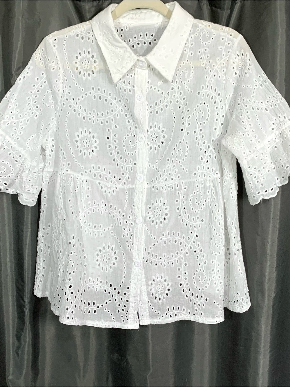 Women's White Eyelet Button-Down Blouse with Short Sleeves Baby doll Style